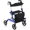 HOMASIS Deambulatore per Anziani 4 Ruote, Carrello per Anziani per Camminare con Seduta e Maniglie Regolabili, Rollator Pieghevole con Doppio Freno/Borsa Portaoggetti, Portata 150kg (Blu)