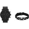 Fossil orologio da uomo Nate in pelle nera e bracciale Bronson in acciaio inossidabile color argento, set