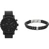Fossil orologio da uomo Nate in pelle nera e bracciale Townsman in acciaio inossidabile semiprezioso, set