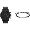 Fossil orologio da uomo Nate in pelle nera e bracciale semiprezioso Ellis, set