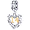 GLOWDAS 14 Anni Compleanno Charms Fit Braccialetto Stile Pandora, Oro 18K Numero 14 Ciondoli, 925 Argento Sterling 14th Anniversario Cuore Ciondolo Perline con CZ, Regali per Cugino/Sorellastra/Birthday