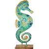 DRW Figura di un cavalluccio marino in metallo e base in legno in blu e verde 30x30x110 cm