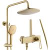 WRKMH Colonna Doccia Oro Spazzolato Set Doccia con Soffione e Doccetta, 3 Funzionale Kit Doccia Montato a Parete Soffione Doccia Completo con 3 Funzionale Doccetta