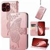 JIUNINE Cover per Apple iPhone 15 Pro Max, Custodia Interno TPU Antiurto Portafoglio con Disegni di Farfalla [Carta Fessura] [Supporto Stand] Cover Libro in PU Pelle, Oro rosa