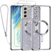 Kokio Glitter Magnetica Cover per Samsung Galaxy S21 FE 5G con Cordino, Compatibile con MagSafe, Brillantini Silicone TPU Antiurto Custodia per Samsung S21 FE con 2 Vetro Temperato Bumper, Argento