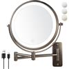 JANEEVA Specchio da trucco illuminato da parete da 20,3 cm, ricaricabile su entrambi i lati, specchio con ingrandimento 1X/10X con luci a 3 colori, specchio cosmetico dimmerabile per bagno, bronzo