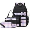 Amythe Zaino per Ragazze Delle Scuole Elementari e Medie 3 pezzi con Lunch Bag e Astuccio, Cartella Scolastica per Ragazze di 9-16 anni, Zainetto per Bambini Carino e Casual, Nero