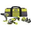 RYOBI - Duo 18 V ONE+: Trapano a percussione 50 Nm Mandrino 13 mm LED & Smerigliatrice 115 mm 7.500 giri/min - Viene fornito con 1 batteria 4 Ah, 1 batteria 2 Ah, un caricabatterie e una grande borsa