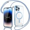 Pnakqil Magnetica Cover con Cordino per iPhone 14 Pro Max, Compatibile con Magsafe Ricarica Wireless, Trasparente Placcatura Disegno Custodia con Collana Laccio Tracolla per iPhone 14Pro Max (Blu)