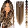 SEGO Extension Clip Capelli Veri Castano con 18 Clips 8 Fasce 100% Remy Human Hair Lisci Naturali 35 cm (60 g) #4P27 Marrone Medio mix Biondo Scuro