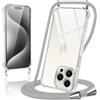 Coiwxmoi Cover per iPhone 15 Pro con Cordino 6,1,Trasparente Custodia con Laccio Tracolla Corda Catena Cinghia,Ultra Morbido Silicone TPU Antiurto Case per iPhone 15 Pro, Grigio Chiaro