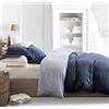 SLEEPBELLA Set copripiumino per letto matrimoniale, in cotone a 600 fili, blu navy e grigio, stampato con lussuoso motivo a foglie blu, reversibile, set di biancheria da letto, 3 pezzi (completo,