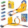 LTFIOON Pista Macchinine 2 in 1, Circuito per Bambini con 6 Auto, Piste Macchinine per Bambini, Anello e Binari a U, Set per Costruire Piste, Giocattolo Piste da Corsa per Ragazzi 3-8 Anni (Giallo)