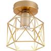Mkichi Plafoniera Vintage E27 Lampada da Soffitto Industriale in Metallo,Lampada a Sospensione Design Gabbia per Camera da Letto Corridoio Soggiorno Cucina (Oro)
