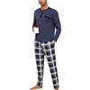 Yukiuiny Pigiami Due Pezzi Uomo Maglia Maniche Lunghe + Pantaloni, Pigiami e Abbigliamento da Notte-Blu/Quadri-L