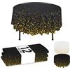 NORZEE 12-Pack Black Disposable Tablecloths, 84 Round Table Cover, Plastic Table Cloth With Gold CONFETY