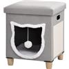 PawHut Casetta per Gatti con Tappetino Tiragraffi, Cuscino Lavabile e Pallina Giocattolo, Cuccia Gatti in MDF, Tessuto Effetto Lino, Peluche e Sisal, 35.5x35.5x42.5 cm, Crema e Grigio