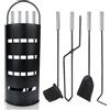 SUBTLETY Set di 5 posate per camino, in acciaio inox, accessori per la pulizia del camino, set con supporto, paletta per cenere, scopa, gancio, pinza (nero)