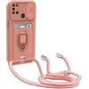 Dllatui Cover Compatibile con Samsung Galaxy A21S, Cover con Cordino Tracolla, Slidable Fotocamera Protezione Custodia,Supporto,Slot Schede, Silicone Case (Pink)