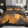 DACRWEKZ Set Copripiumino 200x200cm,1 x Copripiumino Tema di Halloween Gatto nero e 2 x Federe 50x70 cm Completo Sacco Parure Letto giallo