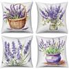 ASDCXZ Set di 4 federe per cuscino, 50 x 50 cm, dipinte a mano, fiori viola, verde, foglie decorative, per divano, lavabile, in poliestere, lino, per esterni