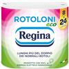 Regina Rotoloni Eco - 8 Maxi Rotoli di Carta Igienica, 500 Fogli a 2 Veli, Lunghi Più del Doppio dei Normali Rotoli, Confezione in Carta Riciclabile, 100% Certificata FSC