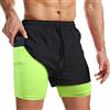 Danfiki Pantaloncini Sportivi da Uomo Running Shorts Asciugatura Rapida con Tasca per Jogging Tennis Fitness Allenamento 2 in 1,Nero Verde,XL