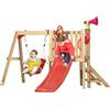 Outsunny Set 4 in 1 con Scivolo, Altalena da Giardino, Volante e Corno Sonoro, Giochi da Esterno per Bambini Età 18-48 Mesi, Struttura in Legno e Plastica, Rosso