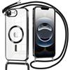 Oelrstfe Magnetica Cover per iPhone 16e 6.1 con Cordino Regolabile, Compatibile con MagSafe,Trasparente Custodia con Collana Tracolla Laccio Collo TPU Silicone Lanyard Case Antiurto, Nero