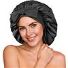 Umisleep 100% 22 Momme Cuffia Seta di Gelso per Dormire, Cuffia da Notte in Seta a Doppio Strato per Capelli Ricci, Traspirante, con Cinturino Largo Regolabile per Il Fissaggio alla Testa, Nero