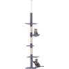 PawHut Tiragraffi per Gatto a Soffitto, Albero Tiragraffi per Gatti Multilivello in Peluche con Amaca e Altezza Regolabile, 40x34x230-260cm, Grigio