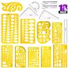 Swpeet Set di 18 stencil geometrici geometrici gialli in plastica, 10 diversi modelli geometrici da disegno con 2 matite e 5 righelli di misurazione per disegni e disegni tecnici