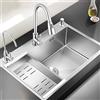 HaTur Lavello da Cucina in Acciaio Inox Fatto a Mano con 3 Fori 60 * 45 cm Vasca Singola con kit di scarico e filtro cestello (argento)
