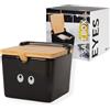 Fisura - Saliera originale nera con scritta "occhi". Barattolo extra large quadrato in ceramica con coperchio in legno e cucchiaio. Ideale per sale, zucchero o spezie. 10x10x9 cm.