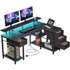 Seventable Scrivania a forma di L con 4 Cassetti, Scrivania Gaming con LED e Prese, Scrivania con Cassetti per Home Office, Camera o Gaming (Nero, 140 cm)