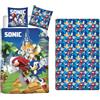 Aymax Parure da letto 3 pezzi Sonic, copripiumino 140 x 200 cm + federa 63 x 63 cm + lenzuolo coordinato 90 x 190 cm, con sonic, knuckles e tails