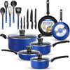 SereneLife Set Pentole 20 Pezzi e Padelle Blu con Coltelli, Batteria Pentole con Coperchi e Utensili, Antiaderente, Resistente al Calore e Lavabile in Lavastoviglie