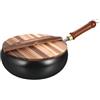 Generic Wok cinese in ghisa fatto a mano, diametro 28 cm, padella antiaderente in ferro forgiato a mano, padella con coperchio e manico in legno, wok in ferro senza rivestimento, metodo tradizionale per stufe