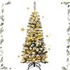 GYMAX Albero di Natale Slim 140 cm, Illuminato con 150 Luci Incorporate a LED, 242 Rami Innevati in PVC, Supporto Pieghevole in Ferro, Divisibile da Montaggio e Trasporto, per Interno/Esterno