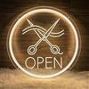 HFHungkeong Grande targa rotonda al neon a LED per barbiere, decorazione da parete e finestre, cartello luminoso aperto per parrucchiere con interruttore regolabile e catena sospesa, regalo per parrucchieri, 30 x