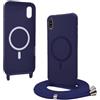 Bigcousin Magnetica Cover con Cordino per iPhone XR,[Compatibile con MagSafe], Cover in Silicone, Regolabile Cordino da Collo Nylon Catena Collana Tracolla,Blu