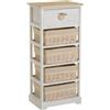 DRW Mobile ausiliario con 1 cassetto e 4 cestini in Legno e Vimini in Naturale e Bianco, Multicolore, Medidas: 30x30x12 cm