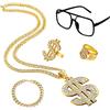 MOSNOW Hip Hop Costume da Hip Hop, set di 5 pezzi, collana dorata, bracciale, occhiali da sole, anello dorato, accessori di Rapper anni 80s/90s, abbigliamento per carnevale, feste a tema, per uomo e donna