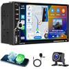 Motorsi Wireless Carplay Android Auto 2 Din Car Stereo, 7" HD Touch Screen Car Radio, Support Bluetooth 5.1/MirrorLink/FM/USB/AUX-IN/Remote Control/7 Colore Backlight MP5 Player+Telecamera Posteriore