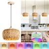 KZT Lampada a Sospensione Boho in Rattan E27 con Batteria, Lampada a Sospensione Vintage in Bambù per Interni, Regolabile con Telecomando, Lampada a Sospensione con Lampadine RGB Ricaricabili per Sala da