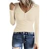 Aottori Maglia Donna con Bottoni Maglietta a Maniche Lunghe Basic Shirt Scollo a V Sottogiacca Aderente Elasticizzato Top a Coste Tinta Unita Beige L