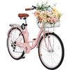 VEVOR Bicicletta Cruiser 7 Velocità da 26 pollici Bicicletta da Crociera con Cestino e Portapacchi Posteriore, Bicicletta Cruiser per Spiaggia Tempo Libero con Sedile Regolabile Colore Rosa