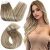 Ugeat Extension Microring Capelli Veri Biondi Meches 40cm 50 ciocche Extension Capelli Veri Micro Ring Biondo Balayage Castano Naturale Remy Lisci Sfumati 50grammi