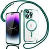 Pnakqil Magnetica Cover con Cordino per iPhone 14 Pro Max, Compatibile con Magsafe Ricarica Wireless, Trasparente Placcatura Disegno Custodia con Collana con Regolabile Laccio Tracolla, Verde