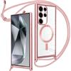 Oelrstfe Cover Magnetica con Cordino per Samsung Galaxy S24 Ultra,Rose Gold | Trasparente Custodia con Magnetico Sottile con Laccio Collana Tracolla Regolabile Antiurto Case con Collana